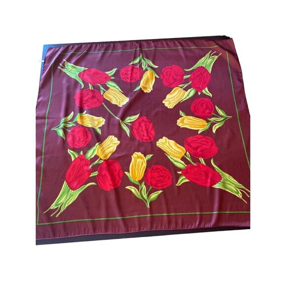 Large Burgundy Floral Tulip Rose 100% Silk Scarf - Picture 1 of 6